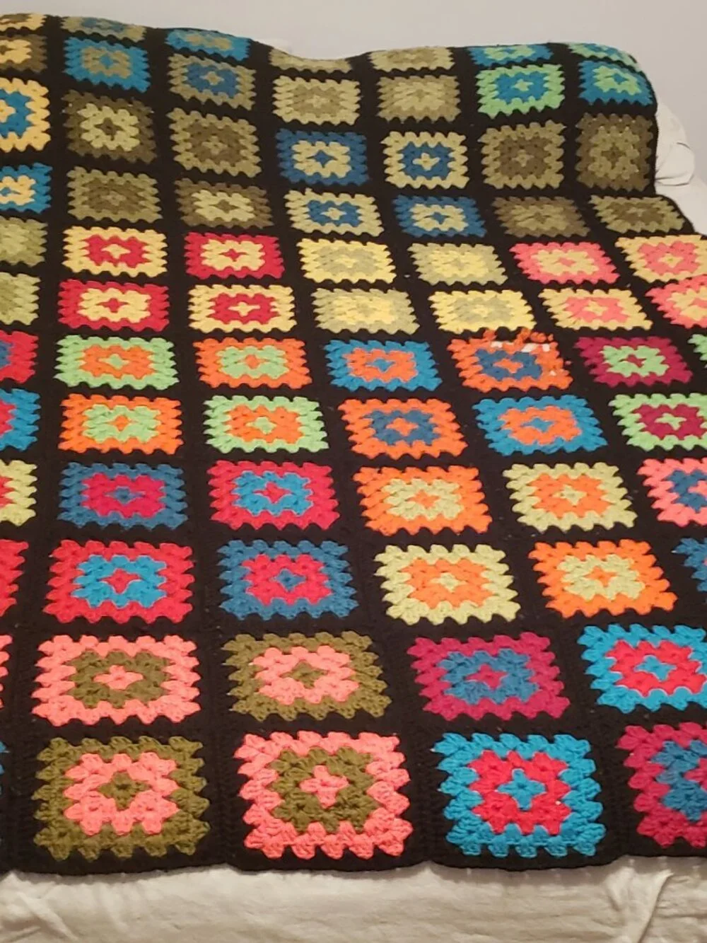 Vintage Granny Square Afghan Black Rainbow Crochet Blanket 56x90 Handmade Throw